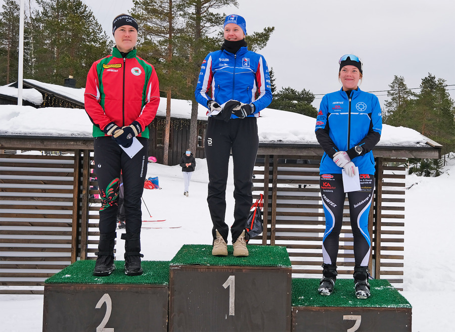 Dampallen efter sprinten. Från vänster: Tvåan Frida Sandberg, ettan Ella Turesson och trean Sarah Persson. Bild: Sundsvalls OK.