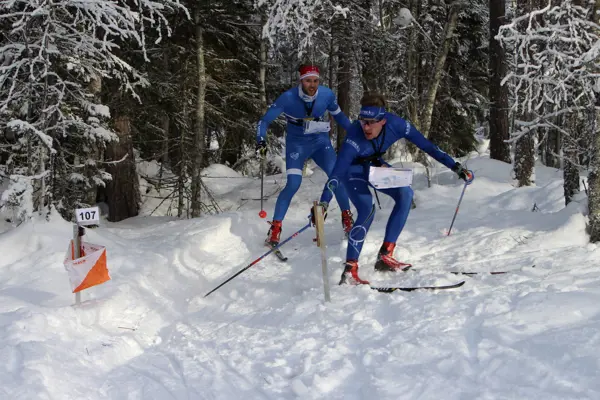 Två manliga skidorienterare stämplar en kontroll på Svenska Cupen i Sundsvall februari 2021